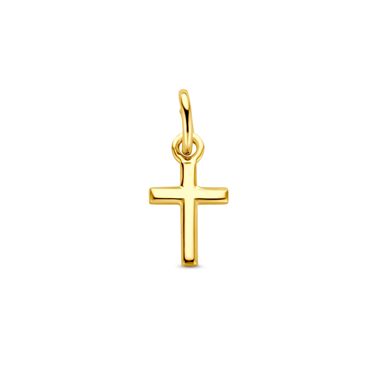 Vooraanzicht van de gouden kruis hanger van 14 karaat.