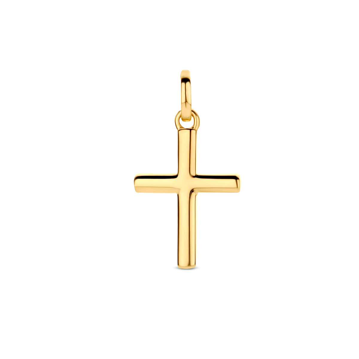 Vooraanzicht van de gouden kruis hanger van 14 karaat.