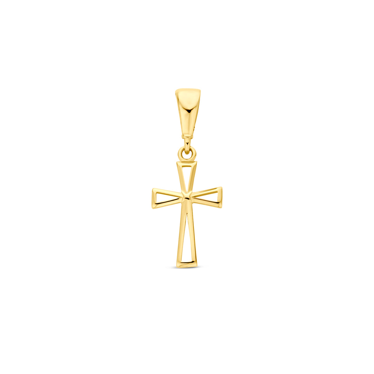 Vooraanzicht van de gouden kruis hanger van 14 karaat.