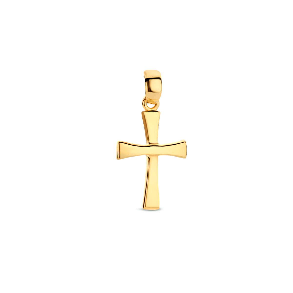 Vooraanzicht van de gouden kruis hanger van 14 karaat.