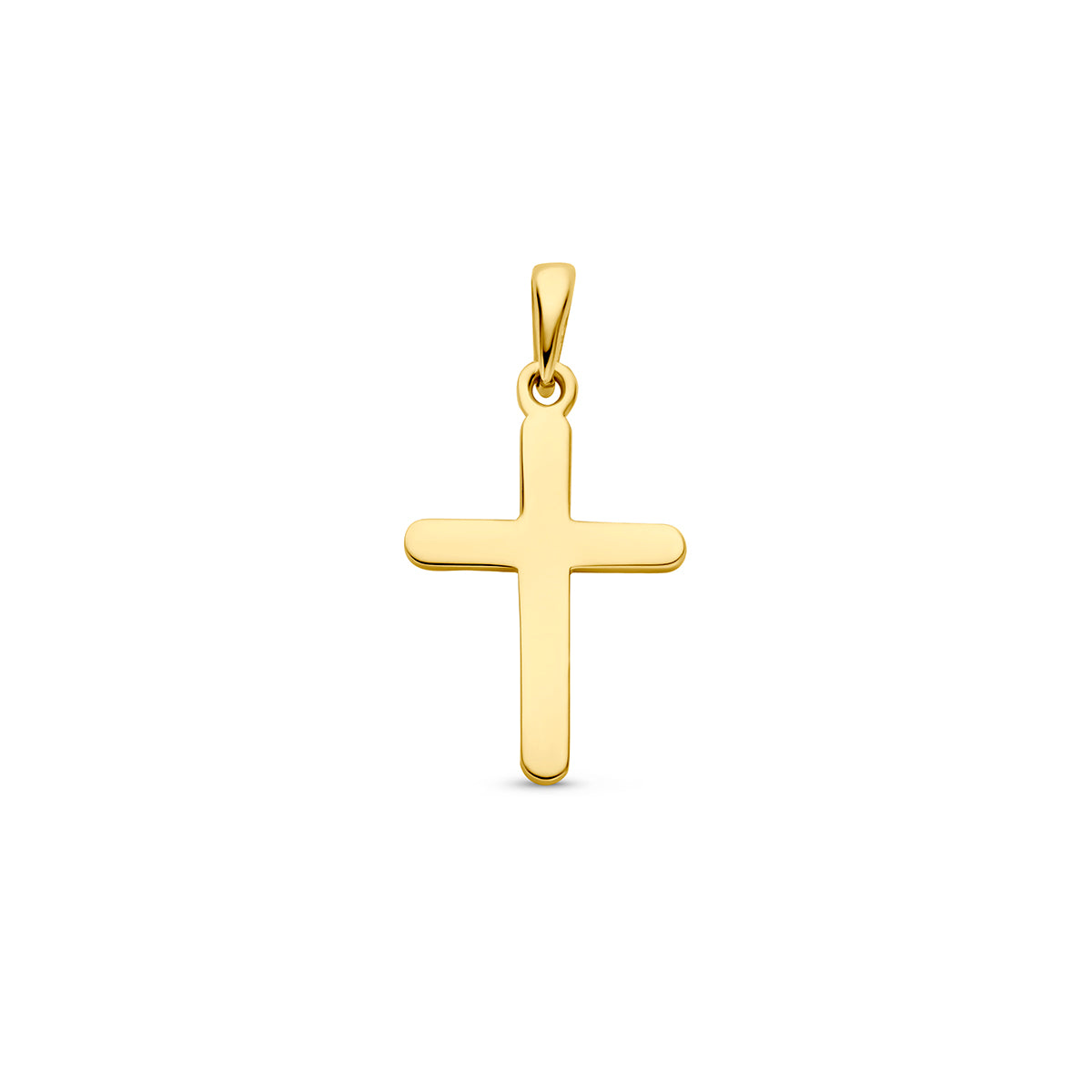 Vooraanzicht van de gouden kruis hanger van 14 karaat.