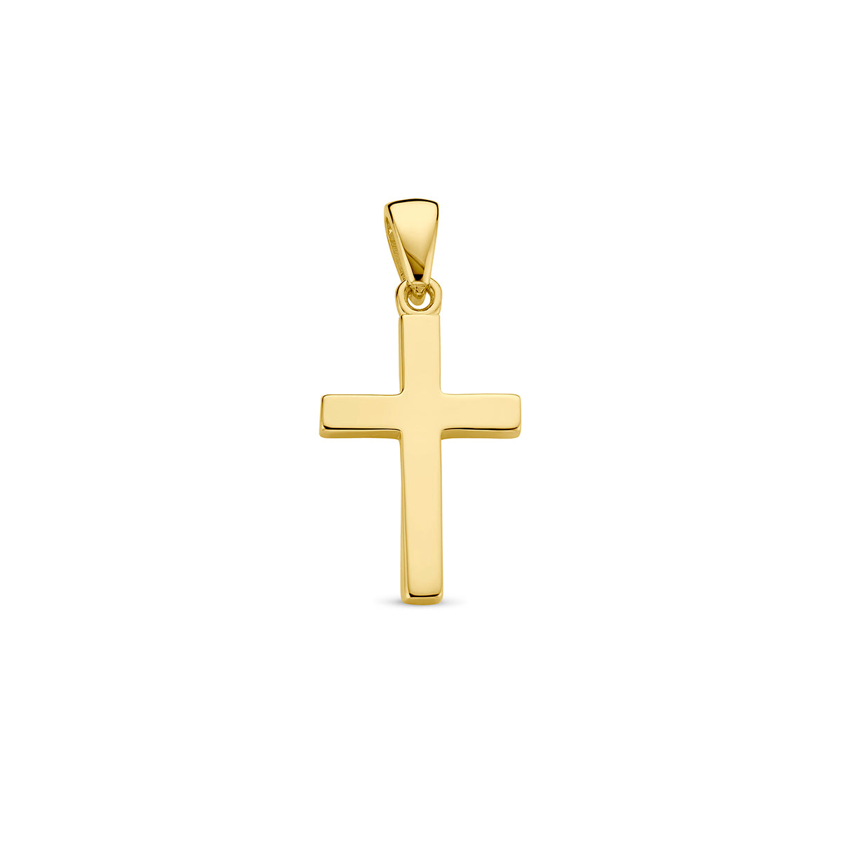 Vooraanzicht van de gouden kruis hanger van 14 karaat.