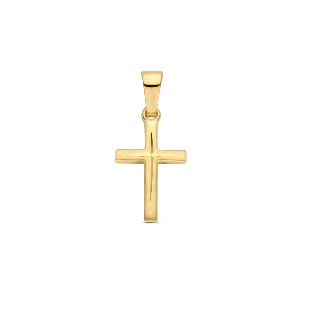 Vooraanzicht van de gouden kruis hanger van 14 karaat.