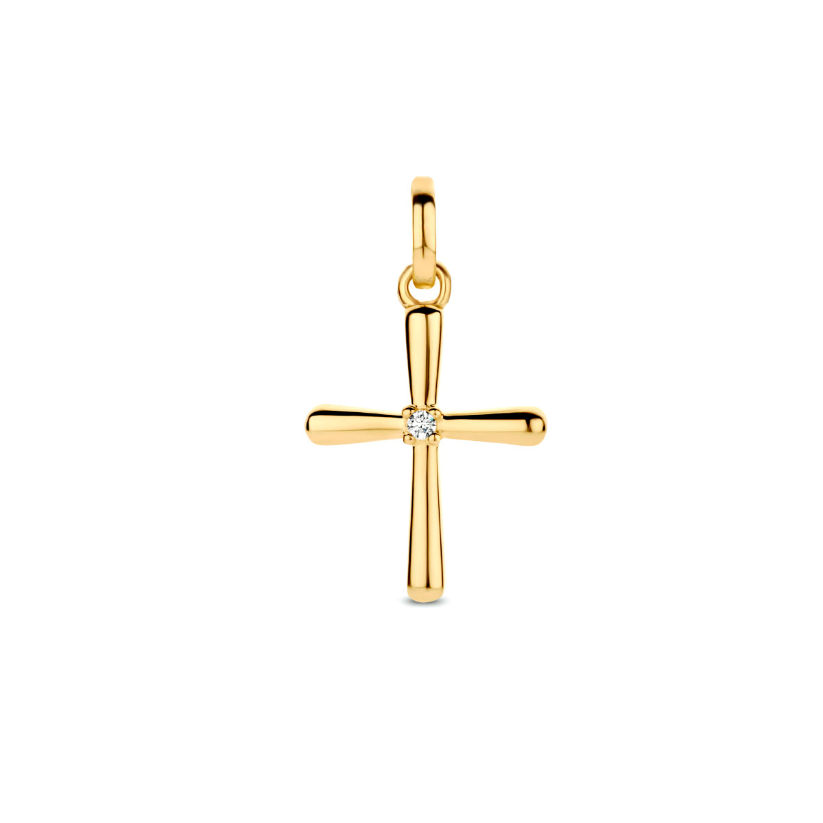 Vooraanzicht van de gouden kruis hanger met diamant van 14 karaat.