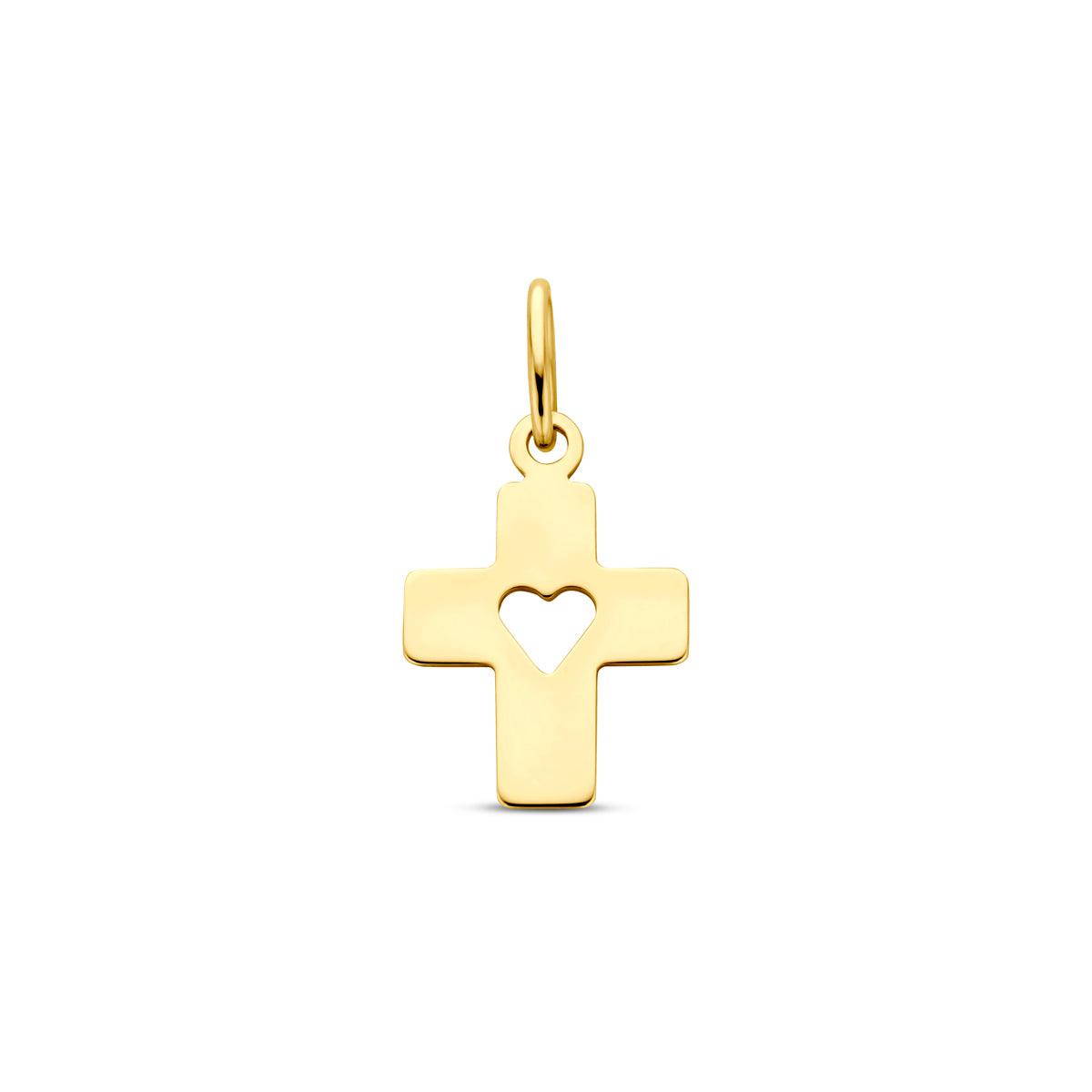 Vooraanzicht van de gouden kruis hanger met hartje van 14 karaat.