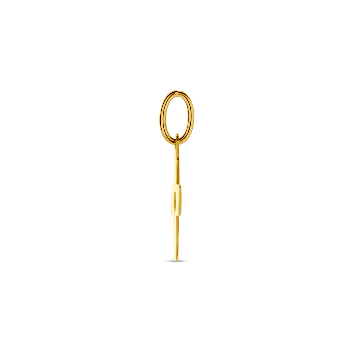 Zijaanzicht van de gouden kruis hanger met hartje van 14 karaat.