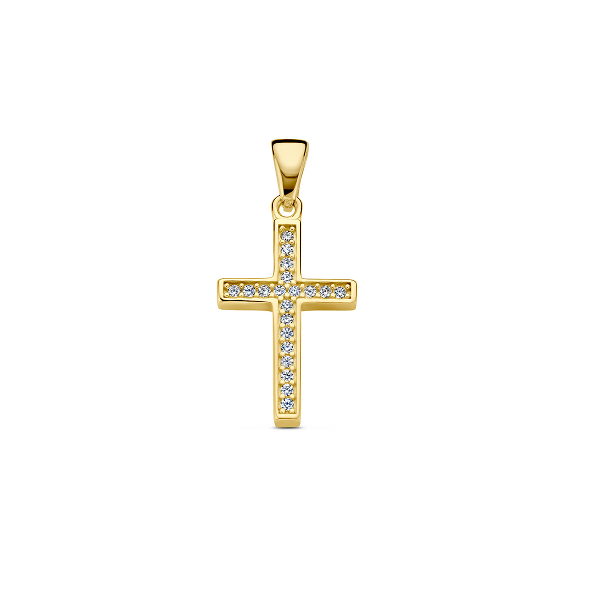 Vooraanzicht van de gouden kruis hanger met zirkonia van 14 karaat.