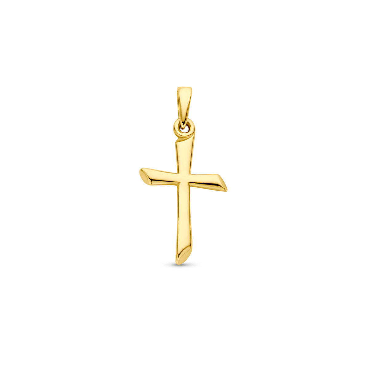 Vooraanzicht van de gouden kruisje hanger van 14 karaat.
