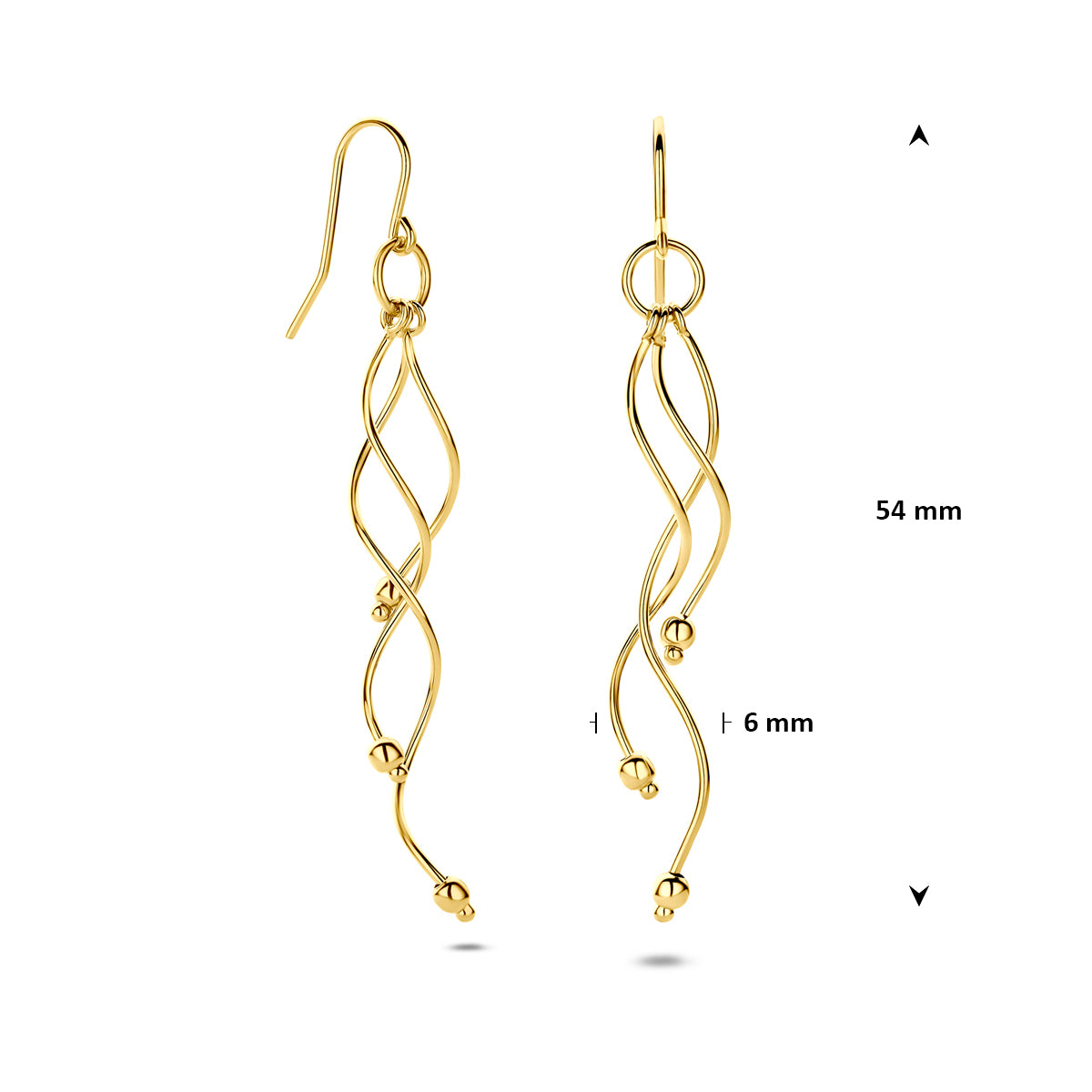 Afmetingen van de gouden lange oorhangers van 14 karaat: 54 mm lang en 6 mm breed.