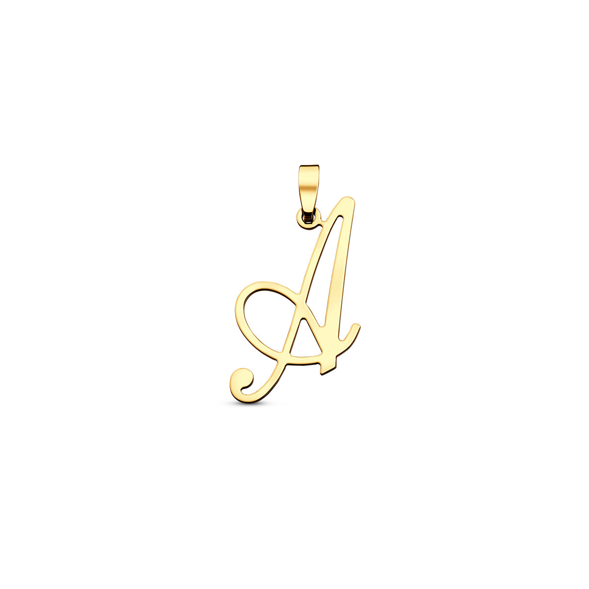 Vooraanzicht van de gouden letterhanger van 14 karaat (A).