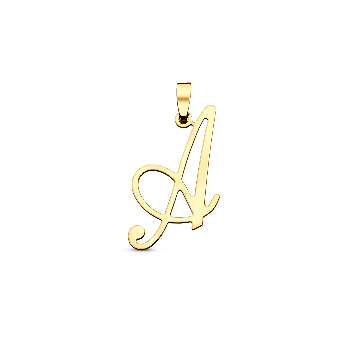 Vooraanzicht van de gouden letterhanger van 14 karaat (A).
