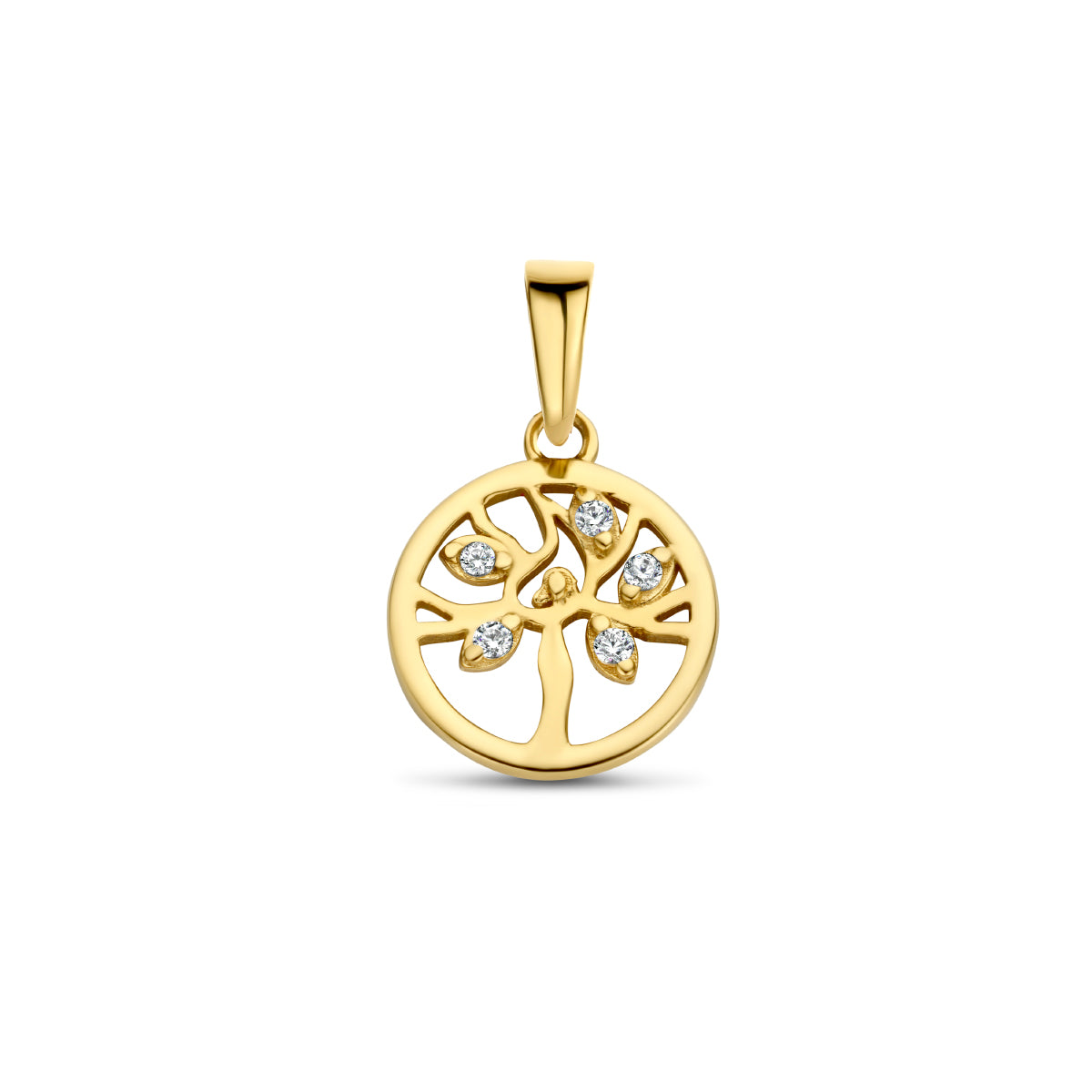 Vooraanzicht van de gouden levensboom hanger met zirkonia van 14 karaat.