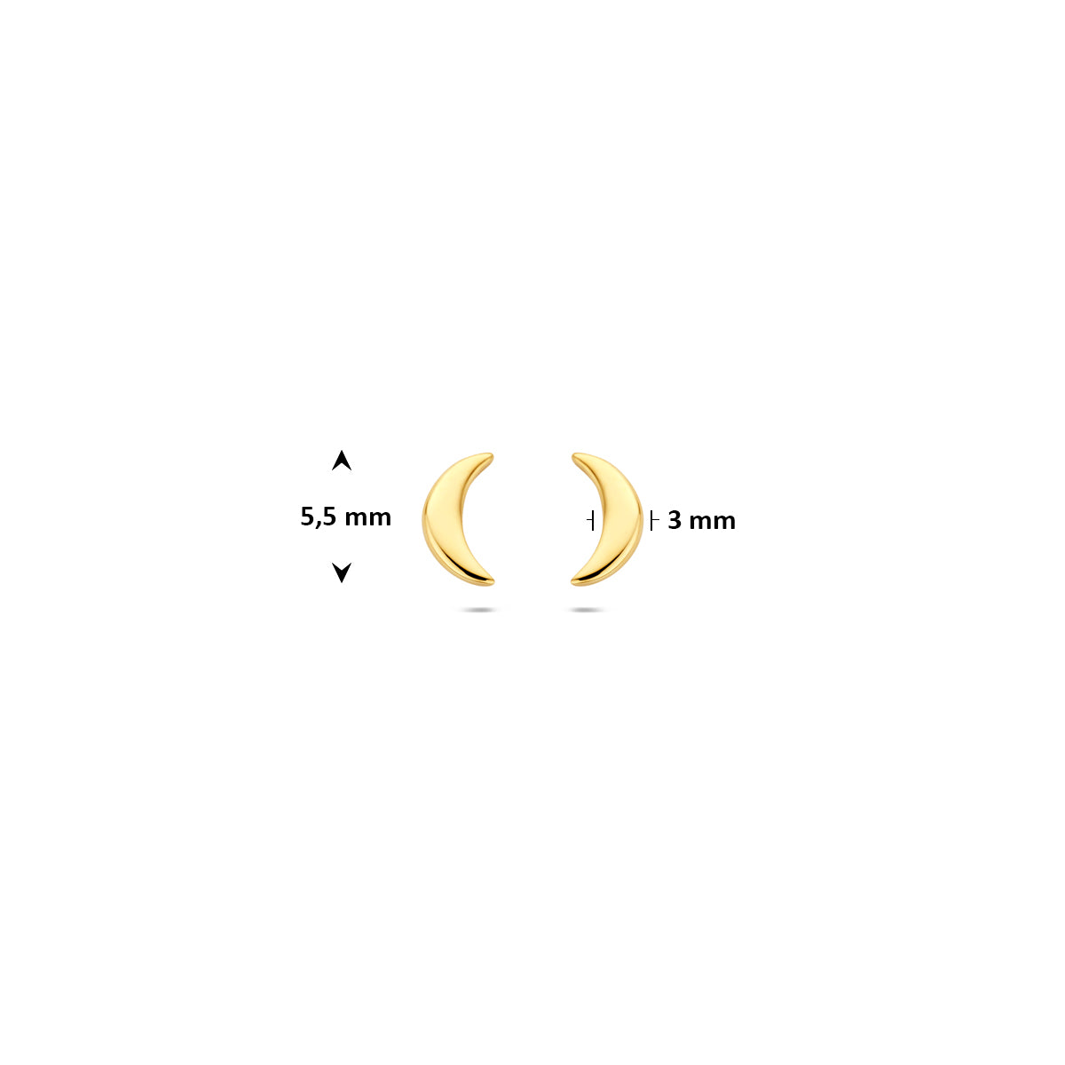 Afmetingen van de gouden maan oorknopjes van 14 karaat: 5,5 mm hoog en 3 mm breed.
