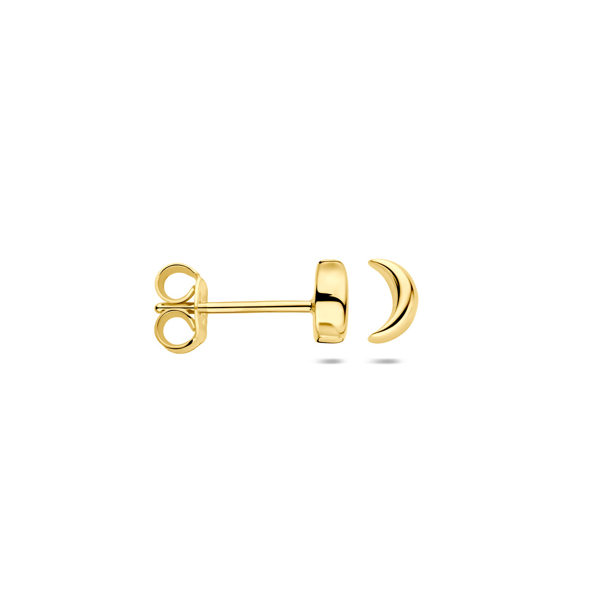 Voor- en zijaanzicht van de gouden maan oorknopjes van 14 karaat.