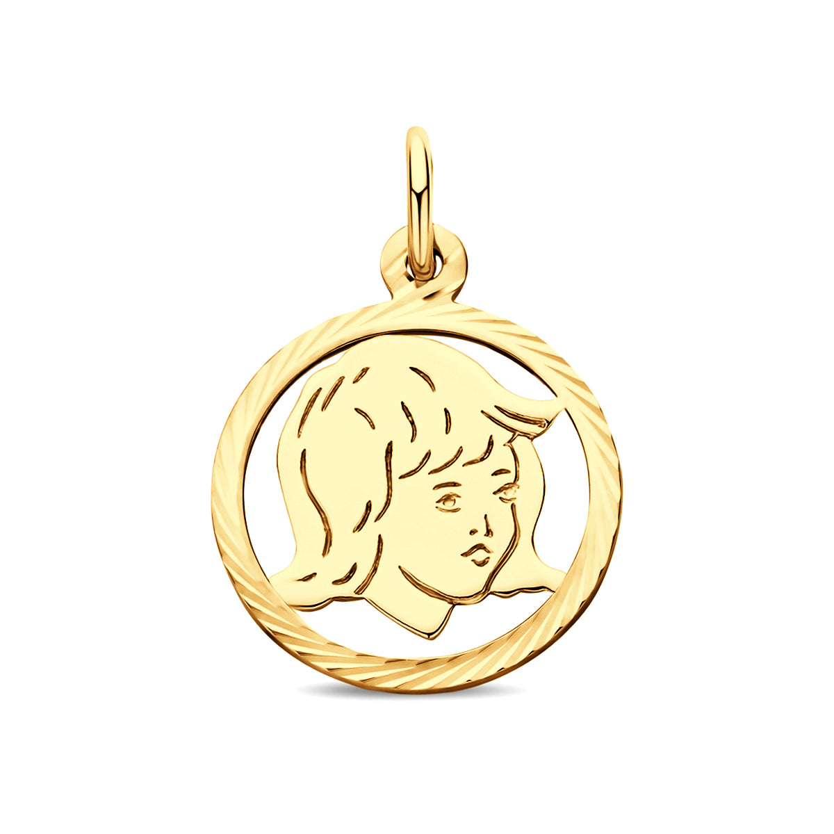 Vooraanzicht van de gouden meisjeshoofdje hanger van 14 karaat.