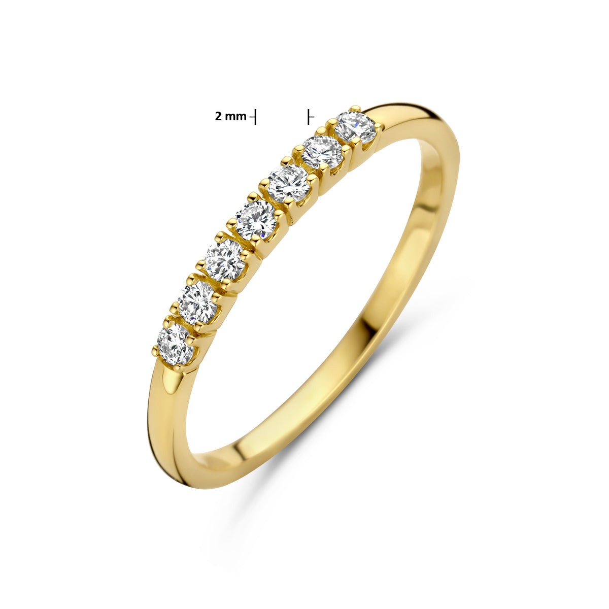 Afmetingen van de gouden memoire ring met diamant van 14 karaat: 2 mm breed, 0,21 ct.