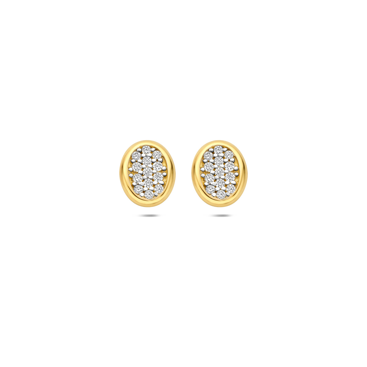 Vooraanzicht van de 14 karaat gouden oorbellen pavé zirkonia ovaal, 8 mm hoog en 6,5 mm breed.