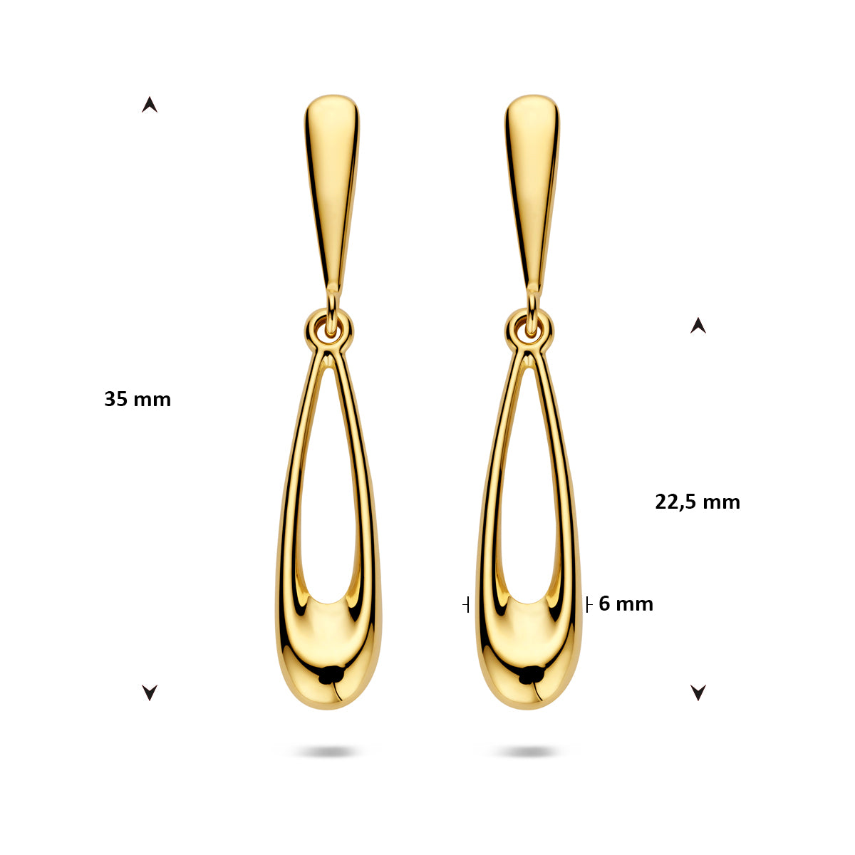 Afmetingen van de gouden oorhangers van 14 karaat: 35 mm lang en 6 mm breed.