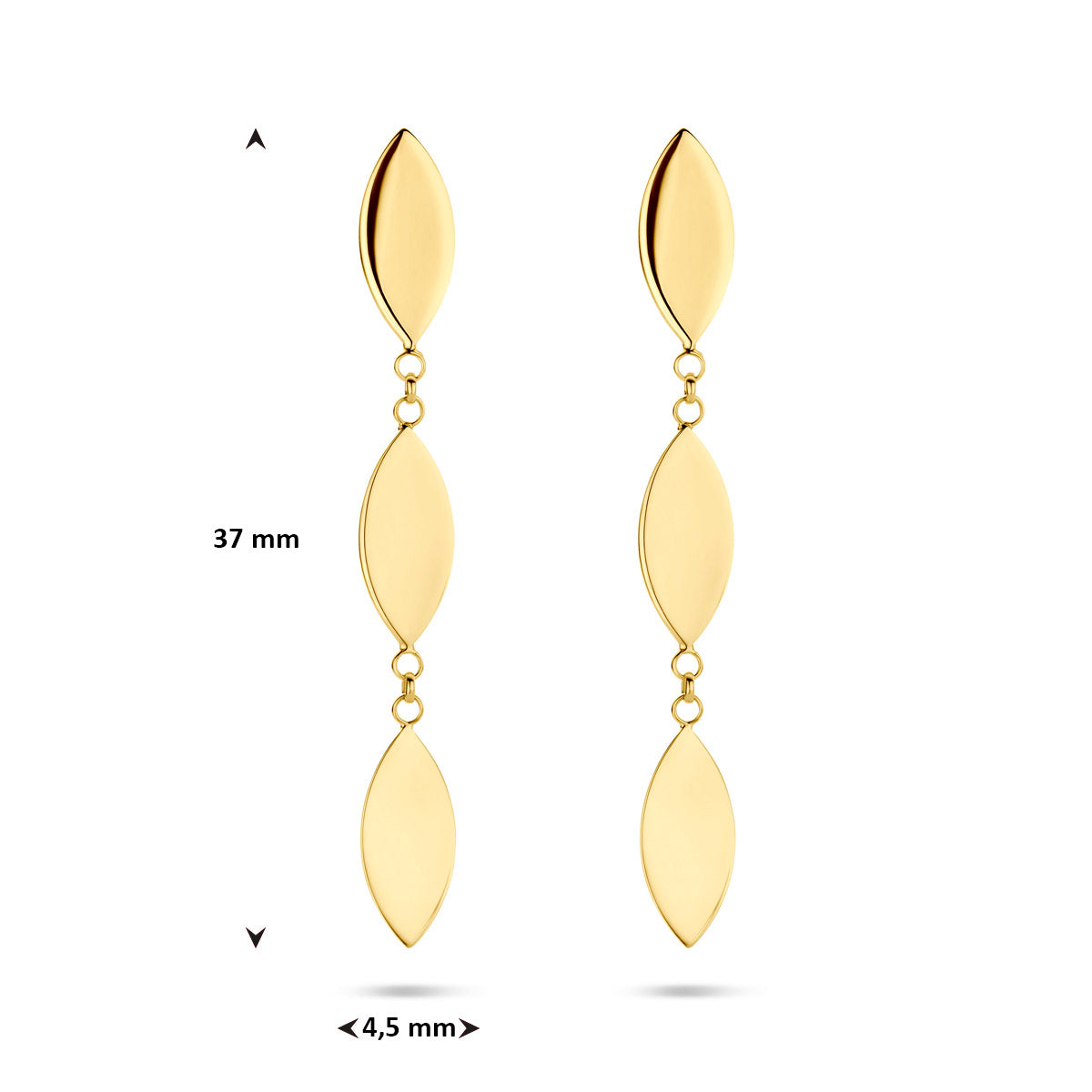 Afmetingen van de gouden oorhangers met ovale plaatjes van 14 karaat: 37 mm hoog en 4,5 mm breed.