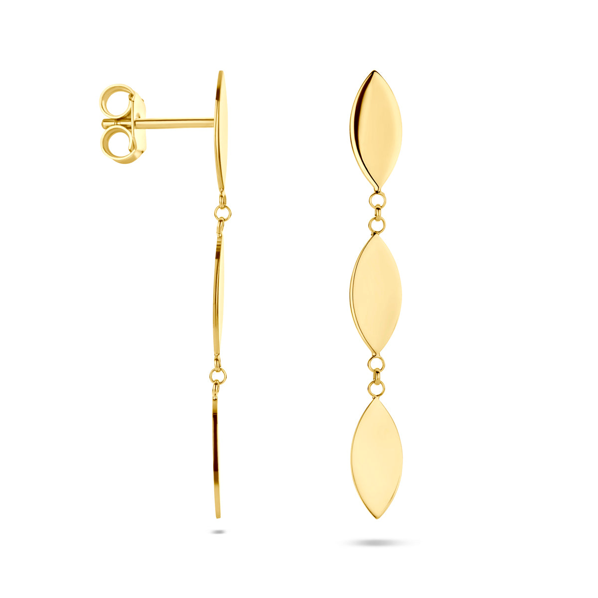 Voor- en zijaanzicht van de gouden oorhangers met ovale plaatjes van 14 karaat.