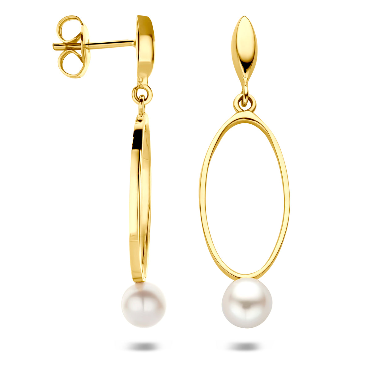 Voor- en zijaanzicht van de gouden oorhangers met witte parel van 14 karaat.