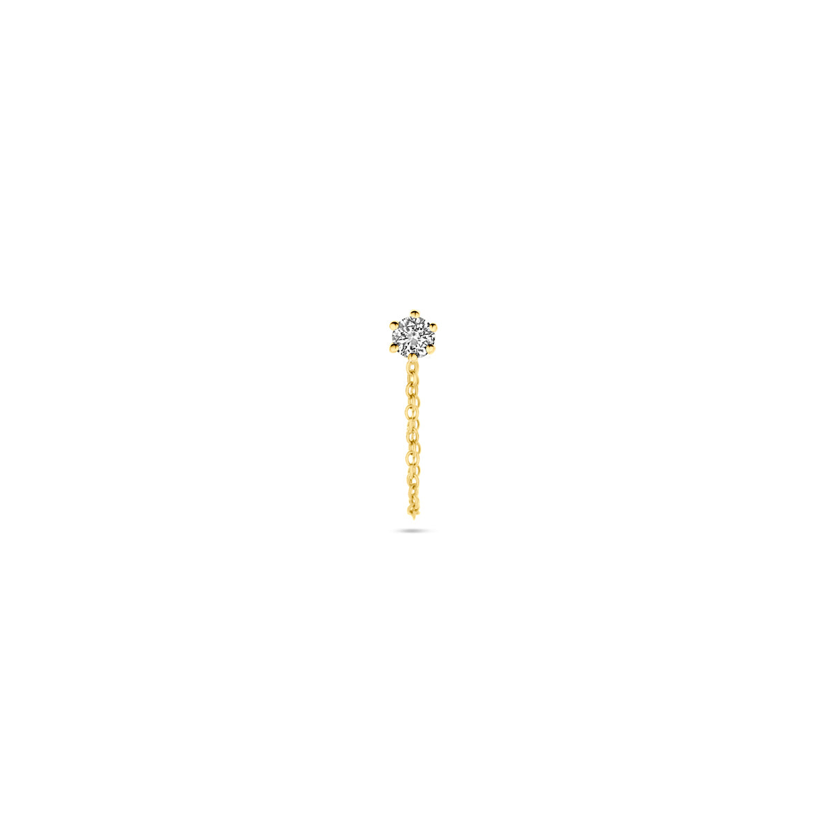 Vooraanzicht van het gouden oorknopje met diamant van 14 karaat.