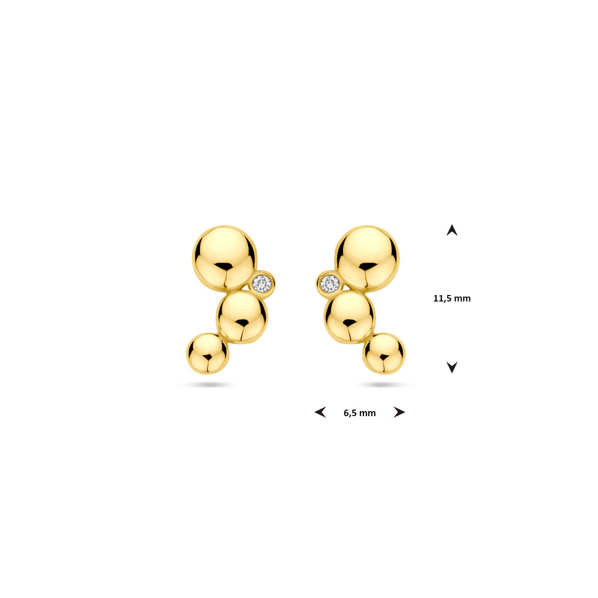 Afmetingen van de gouden oorknopjes met diamant van 14 karaat: 11,5 mm hoog en 6,5 mm breed.