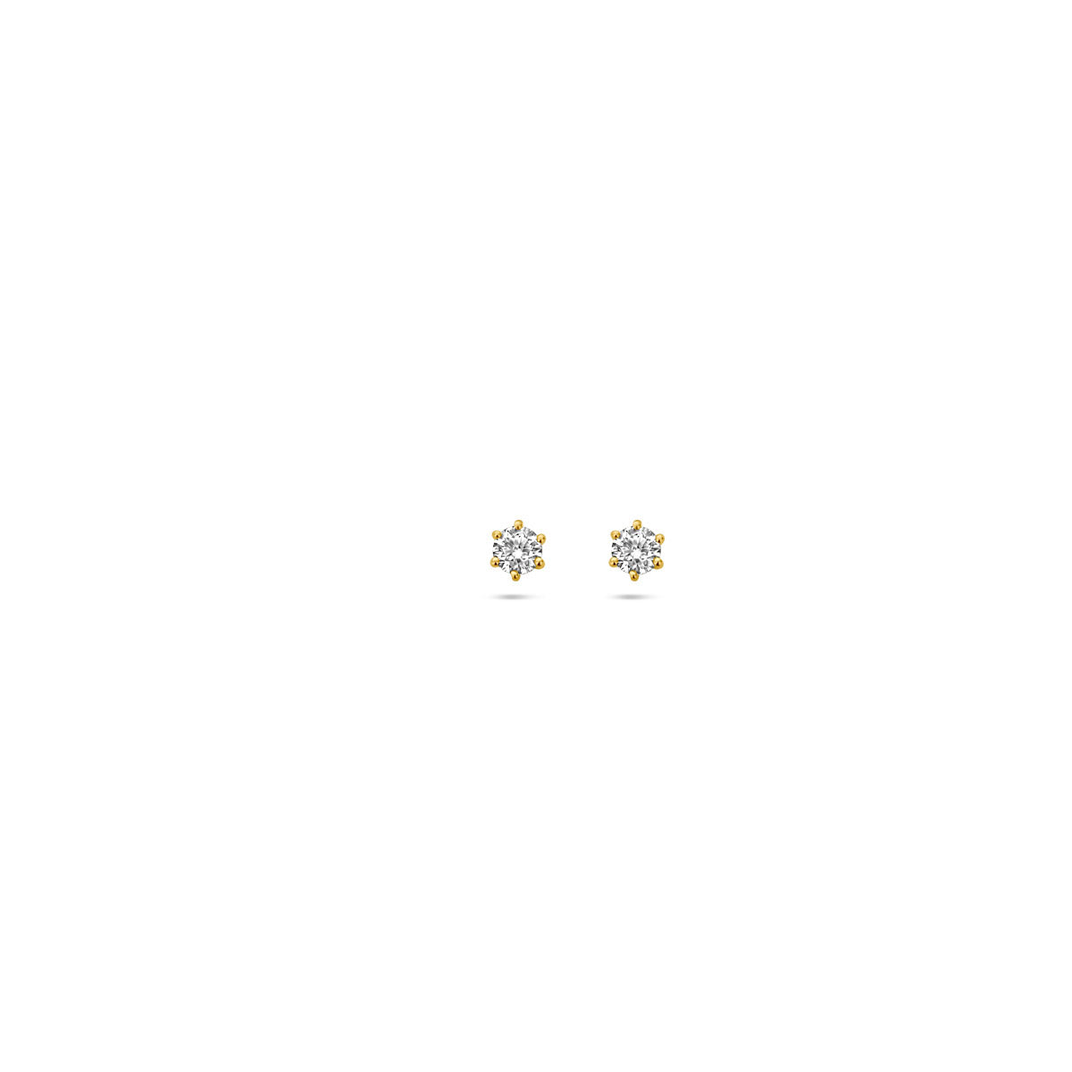 Vooraanzicht van de gouden oorknopjes met diamant van 14 karaat van 2,9 mm.