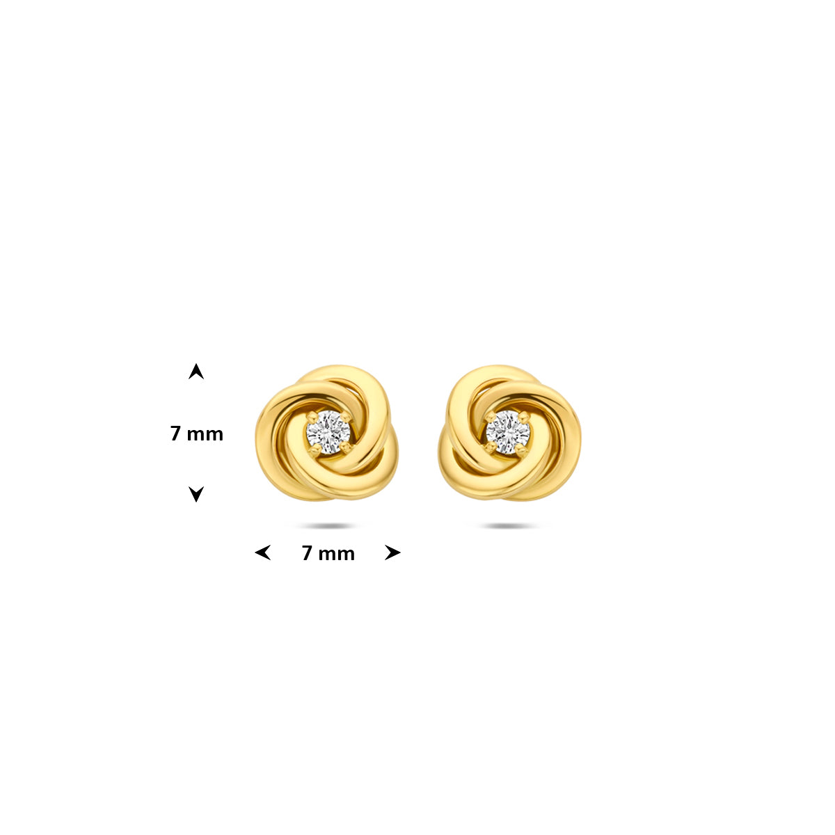 Afmetingen van de gouden oorknopjes met lab grown diamant van 14 karaat: 7 mm hoog en 7 mm breed.