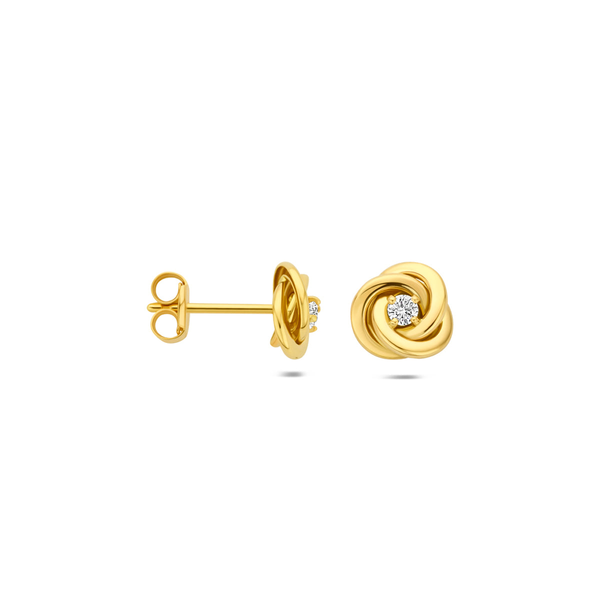 Voor- en zijaanzicht van de gouden oorknopjes met lab grown diamant van 14 karaat.