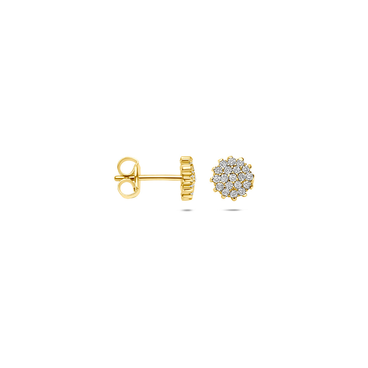 Voor- en zijaanzicht van de gouden oorknopjes met lab grown diamant van 14 karaat.