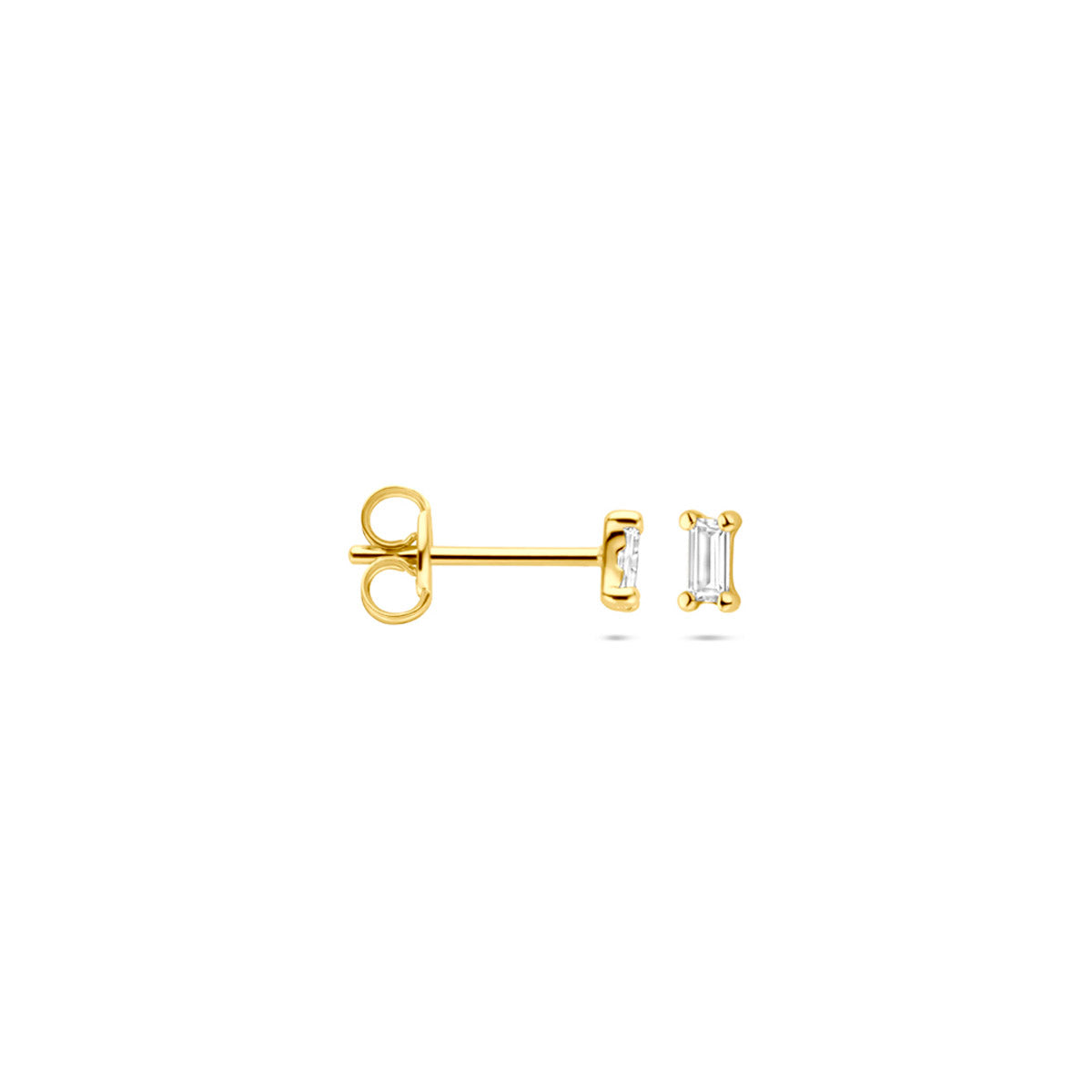 Voor- en zijaanzicht van de gouden oorknopjes met rechthoekige zirkonia van 14 karaat.