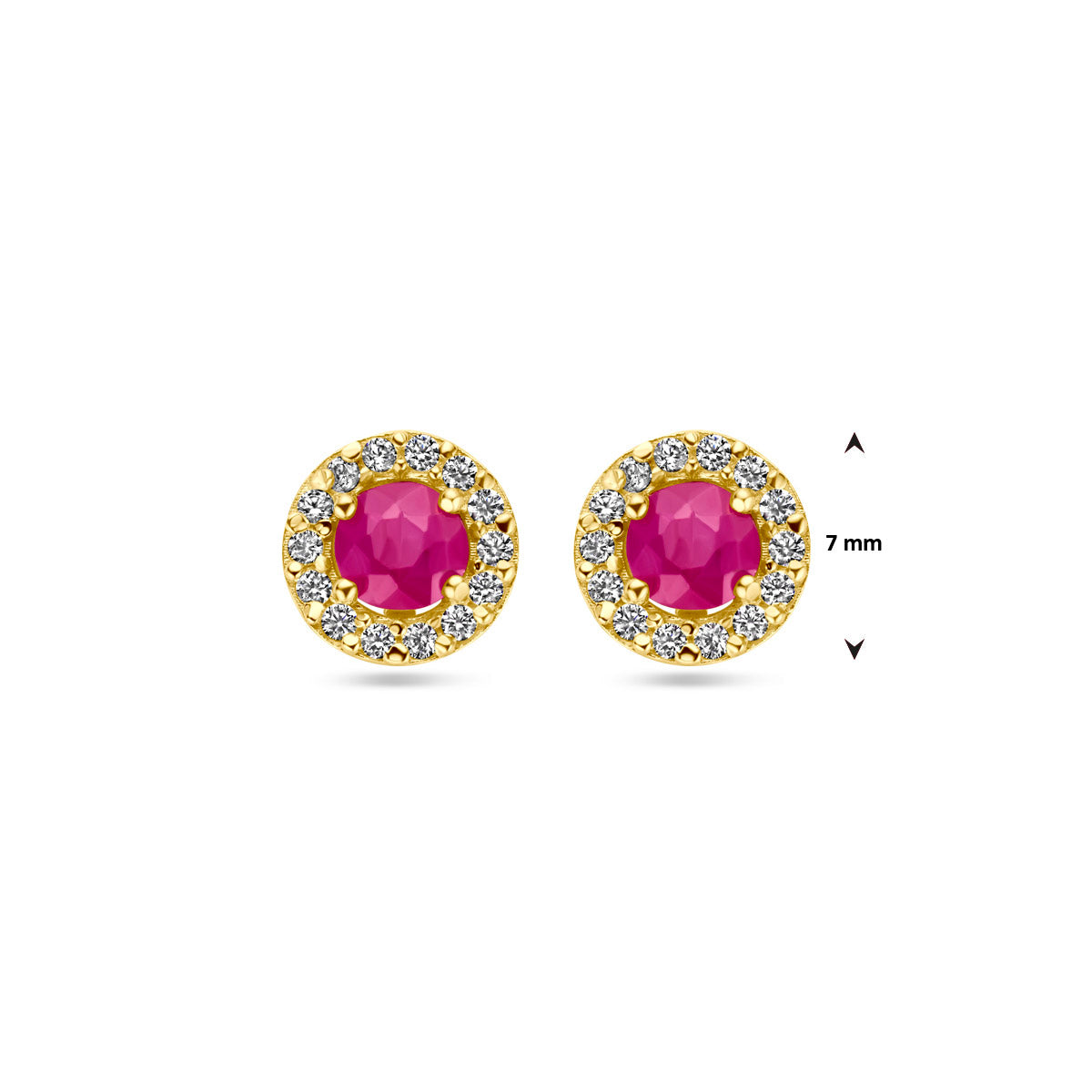 Afmetingen van de gouden oorknopjes met robijn en zirkonia van 14 karaat: 7 mm doorsnee.