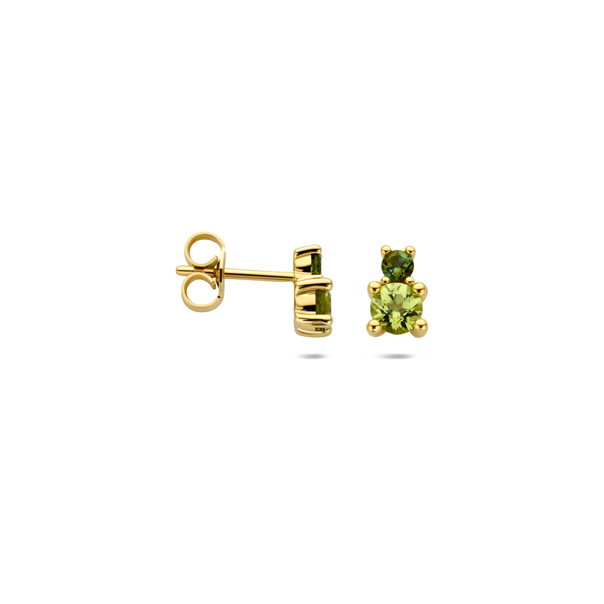 Voor- en zijaanzicht van de gouden oorknopjes met toermalijn en peridoot van 14 karaat.