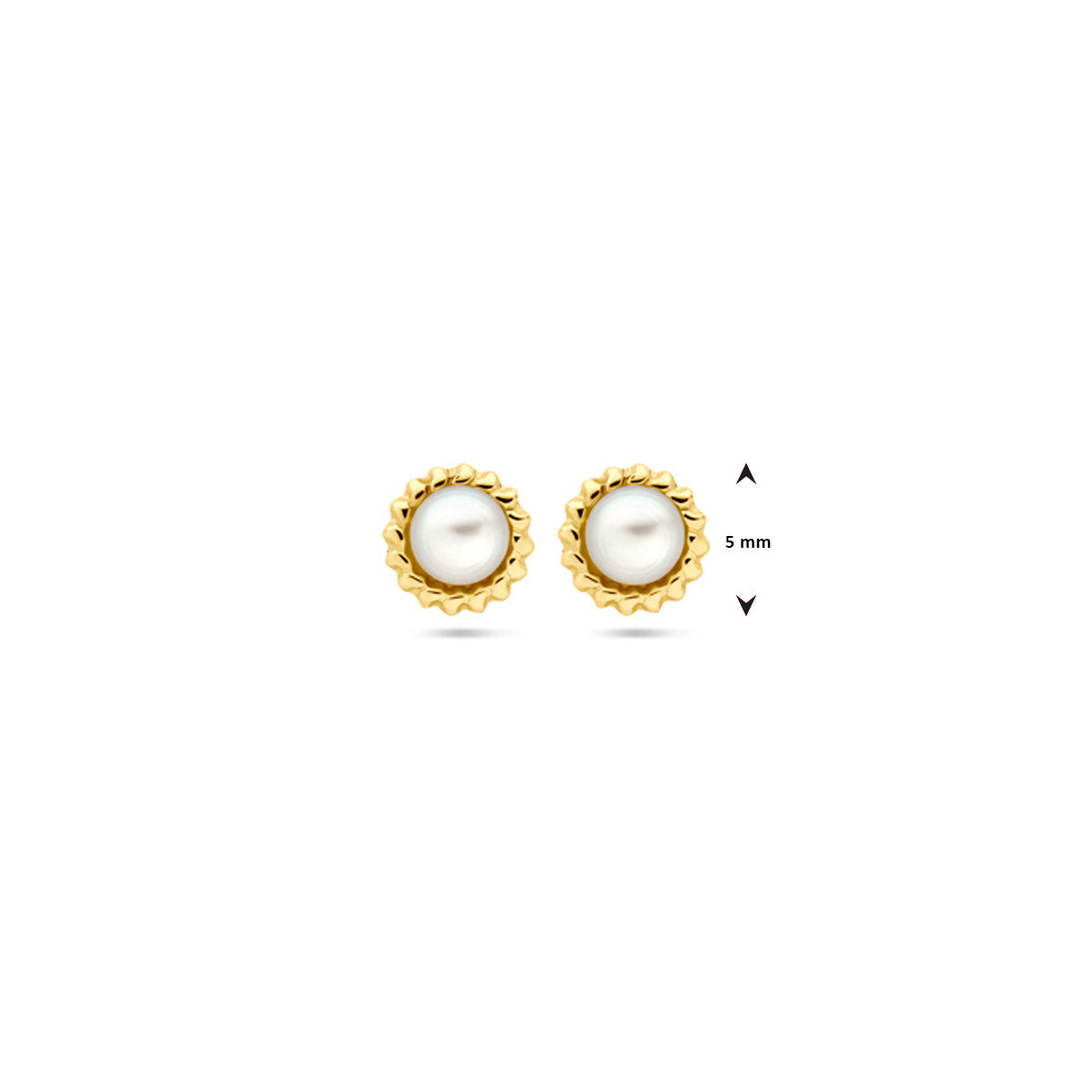 Afmetingen van de gouden oorknopjes met witte parel van 14 karaat: 5 mm doorsnee, parel 3 mm.