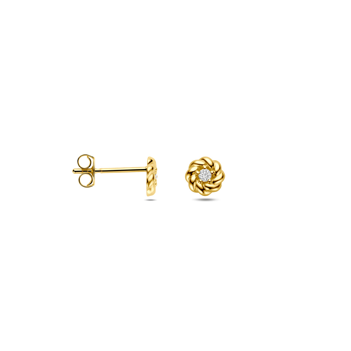 Voor- en zijaanzicht van de gouden oorknopjes met zirkonia van 14 karaat.