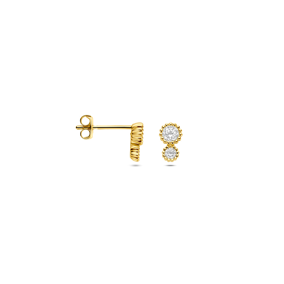 Voor- en zijaanzicht van de gouden oorknopjes met zirkonia van 14 karaat.