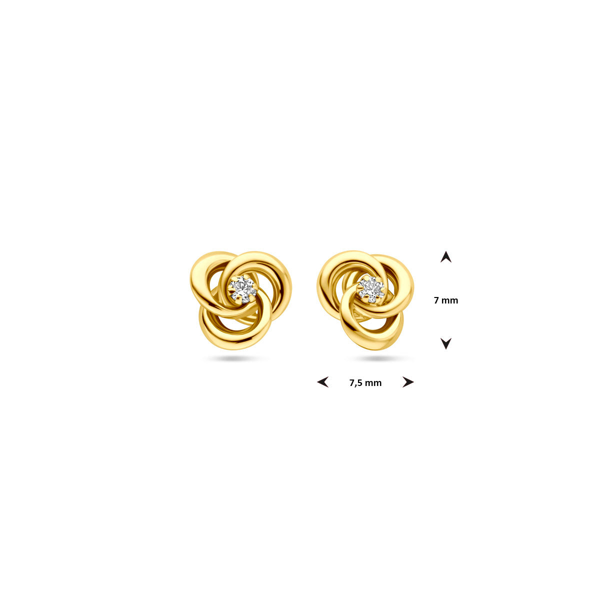 Afmetingen van de gouden oorknopjes met zirkonia van 14 karaat: 7 mm hoog en 7,5 mm breed.
