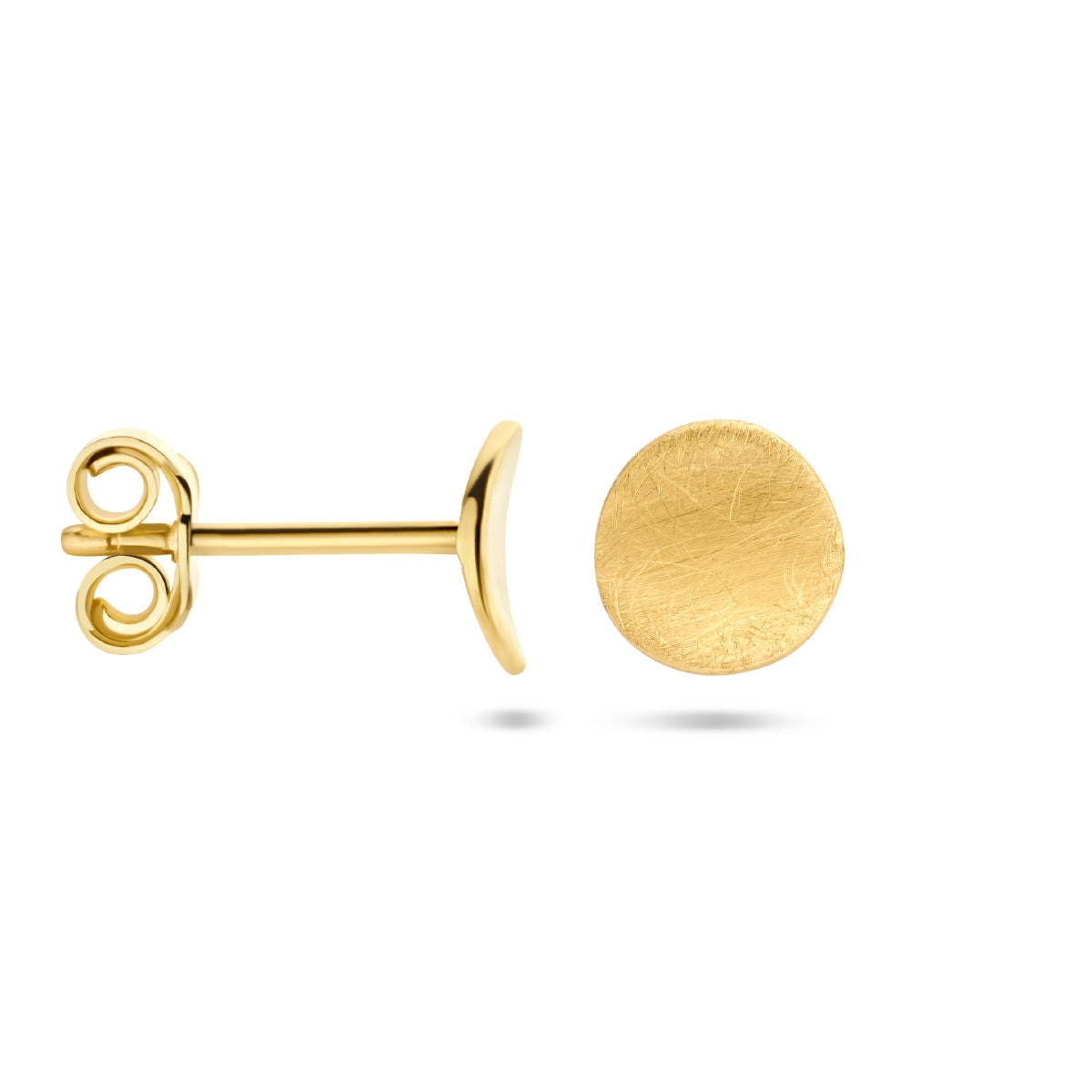 Voor- en zijaanzicht van de 14 karaat gouden oorknoppen rond, met één oorbel van opzij zodat de sluiting zichtbaar is.