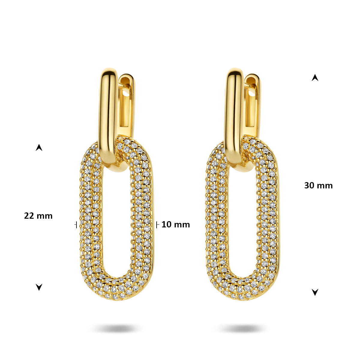Afmetingen van de gouden oorringen met diamant van 14 karaat: 30 mm hoog en 10 mm breed.