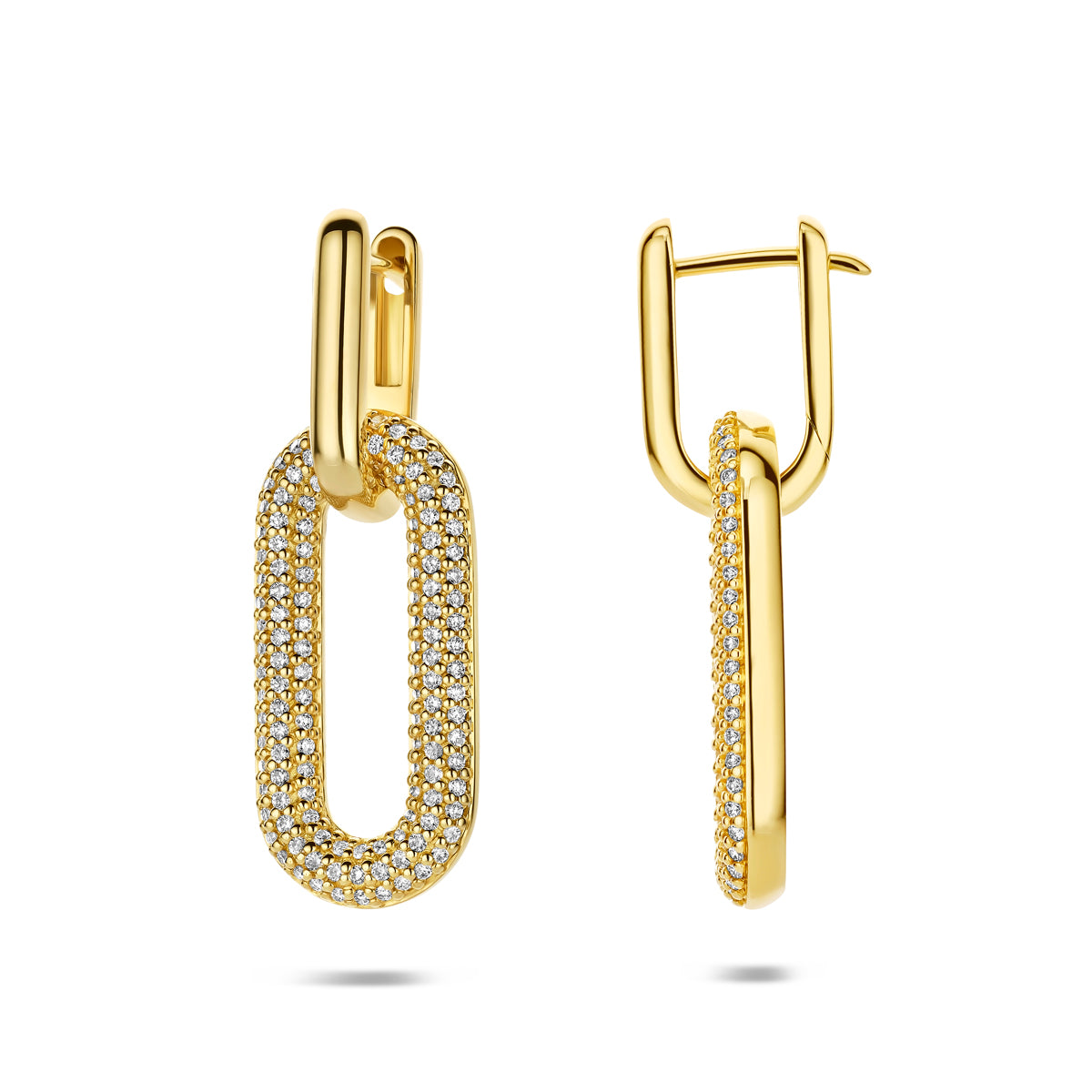 Voor- en zijaanzicht van de gouden oorringen met diamant van 14 karaat.