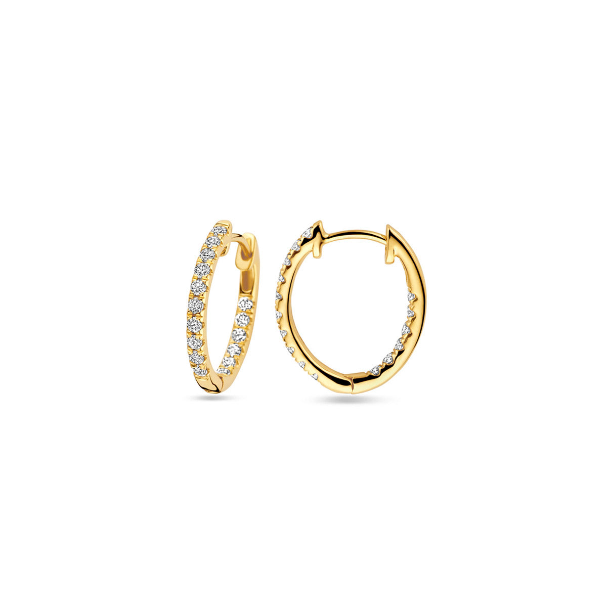 Voor- en zijaanzicht van de gouden oorringen met lab grown diamant van 14 karaat.