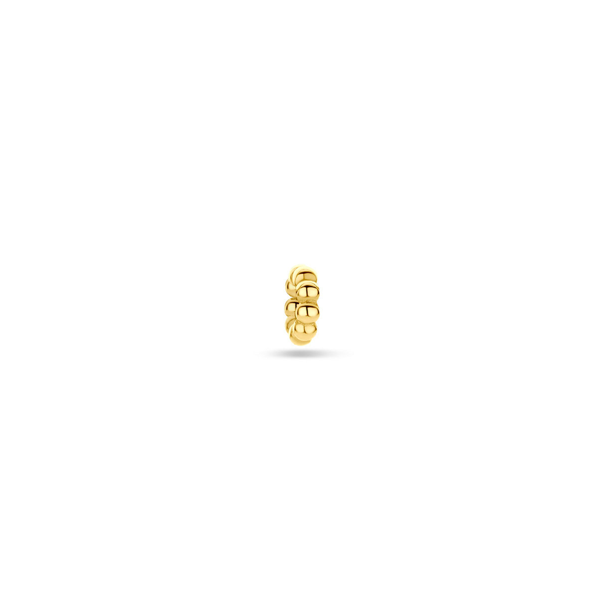 Voor- en zijaanzicht van de gouden oorringhanger met bolletjes van 14 karaat.