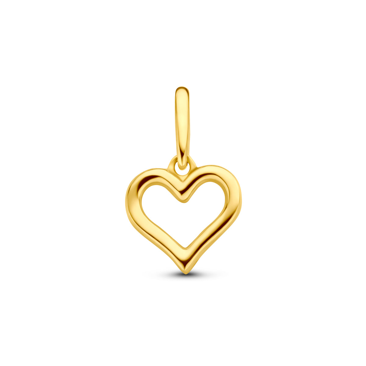 Vooraanzicht van de gouden open hartje hanger van 14 karaat.