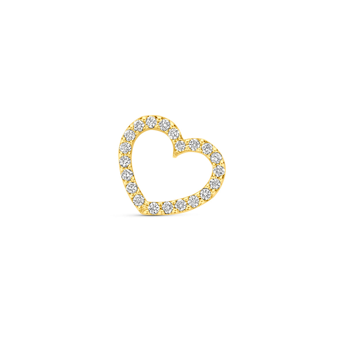 Vooraanzicht van de gouden open hartje hanger met diamant van 14 karaat.