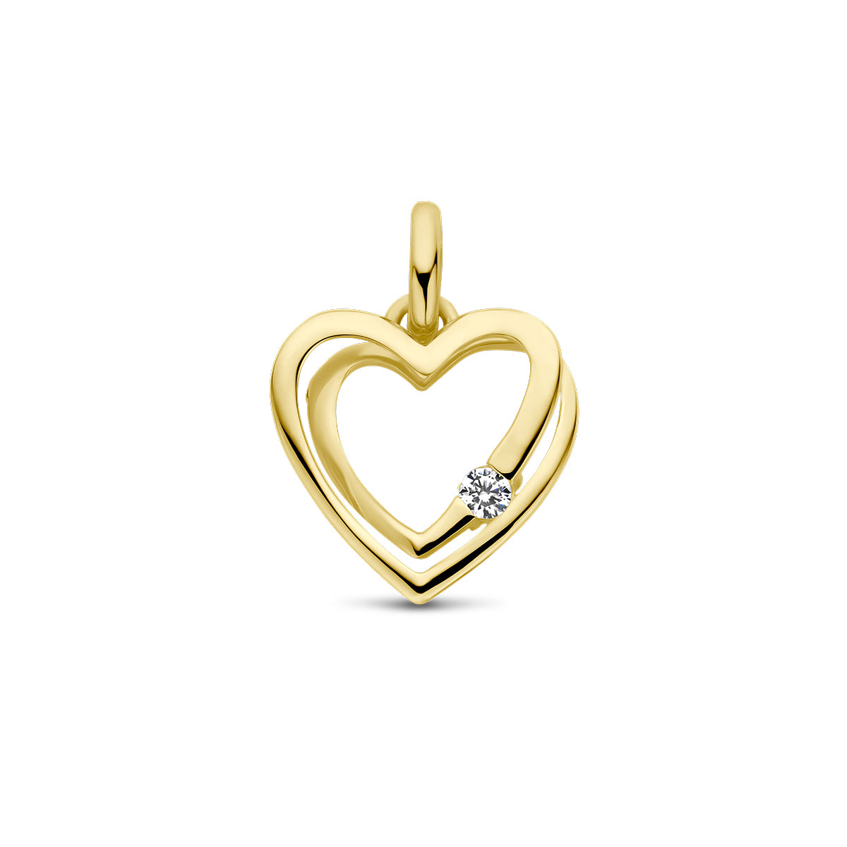Vooraanzicht van de gouden open hartje hanger met zirkonia van 14 karaat.