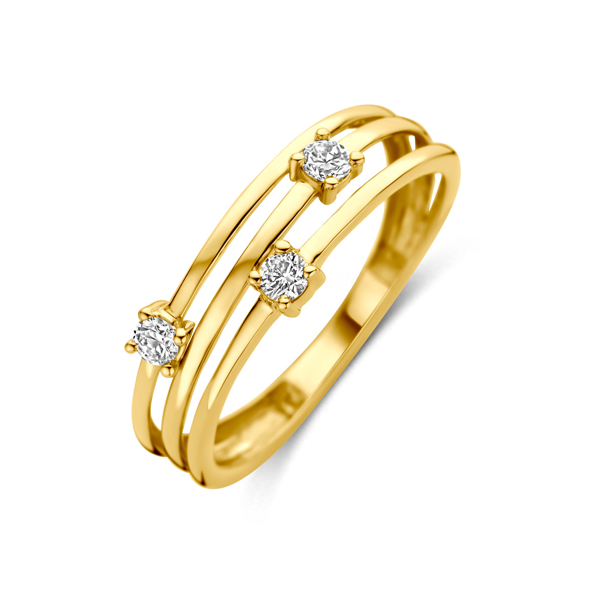 Schuin bovenaanzicht van de gouden ring met lab grown diamant van 14 karaat.