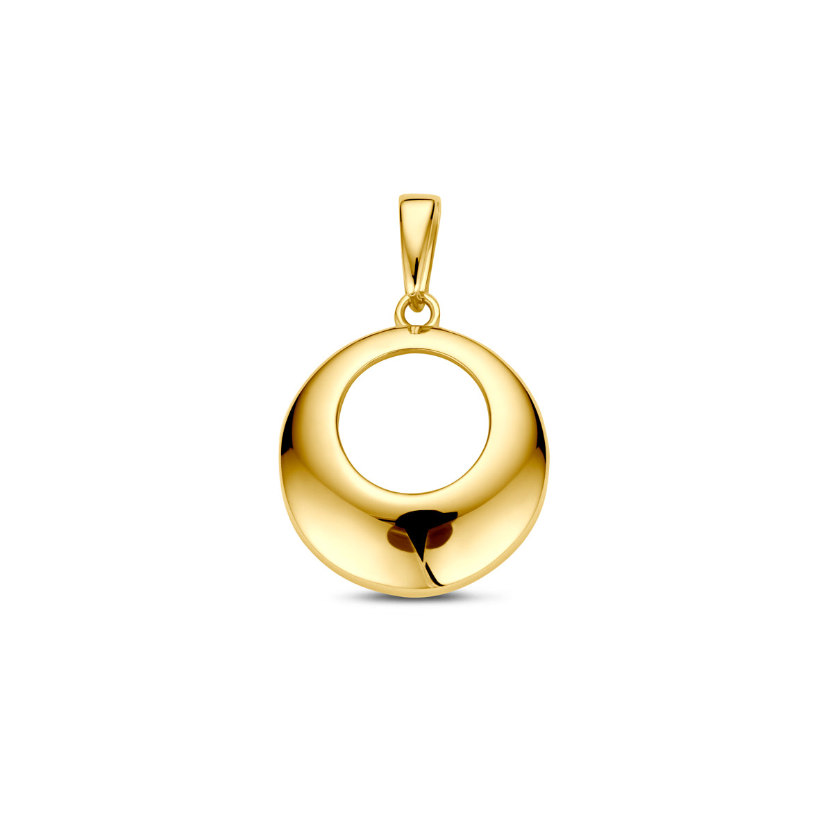 Vooraanzicht van de gouden open ronde hanger van 14 karaat.