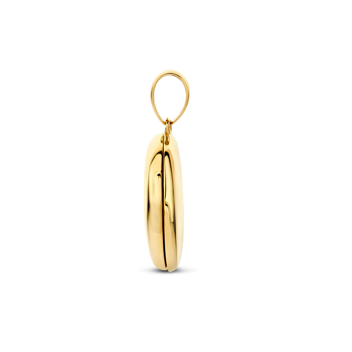 Zijaanzicht van het gouden ovale medaillon van 14 karaat.