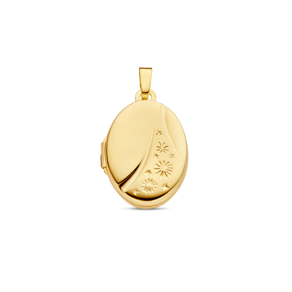 Vooraanzicht van het gouden ovale medaillon van 14 karaat.